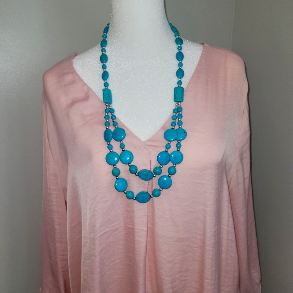 Turquiose Adjustable Double Strand Silvertone Beaded Necklace